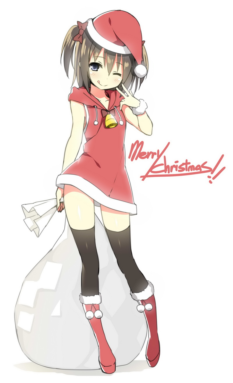 ;) ;q bare_arms bell blue_eyes blush boots bow brown_hair christmas collarbone full_body hair_bow hat highres legs merry_christmas one_eye_closed original sack santa_costume santa_hat short_hair short_twintails simple_background sky_(freedom) sky_(sky-freedom) smile solo thighhighs tongue tongue_out twintails wide_hips zettai_ryouiki