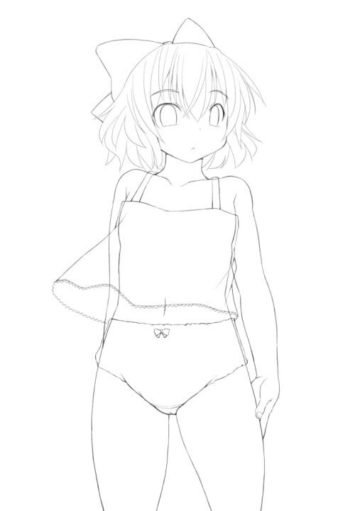 :&lt; bow camisole cirno flat_chest greyscale hair_bow kasuga_yukihito lineart monochrome navel panties short_hair solo touhou underwear