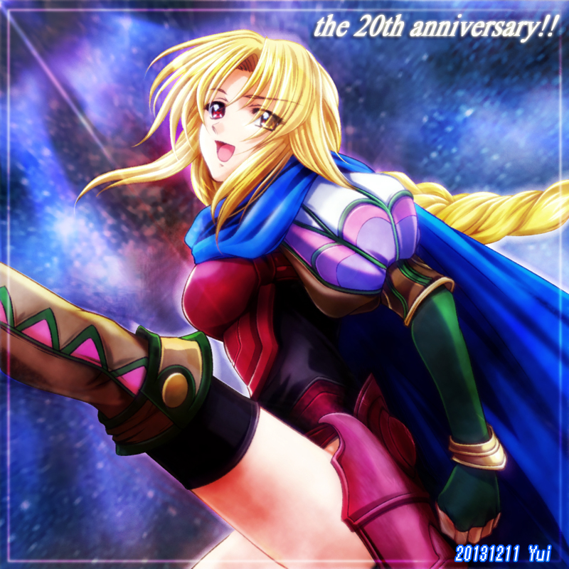 2013 anniversary armor blonde_hair blue_background bracelet braid cape clenched_hand dated fingerless_gloves gloves heterochromia jewelry kicking long_hair protagonist_(romancing_saga_2) puffy_sleeves red_eyes romancing_saga_2 saga shurakui single_braid smile solo