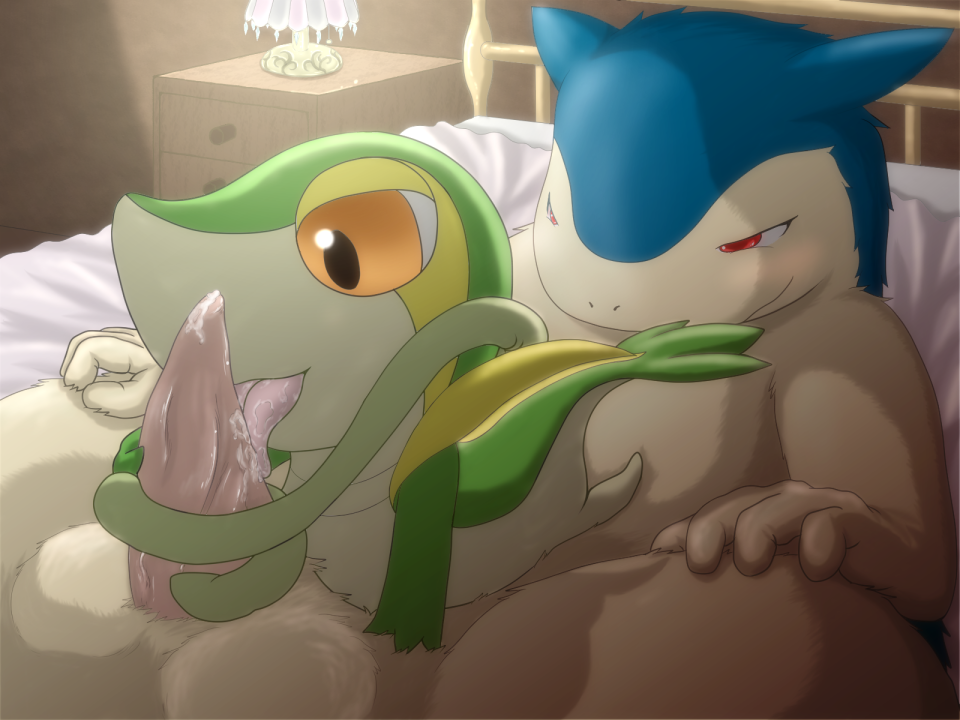 bed bedroom blush cum cum_in_mouth cum_inside duo erection feral male nintendo oral oral_sex penis pok&#233;mon pok&eacute;mon sex size_difference snivy tapering_penis typhlosion video_games waffle_(artist)