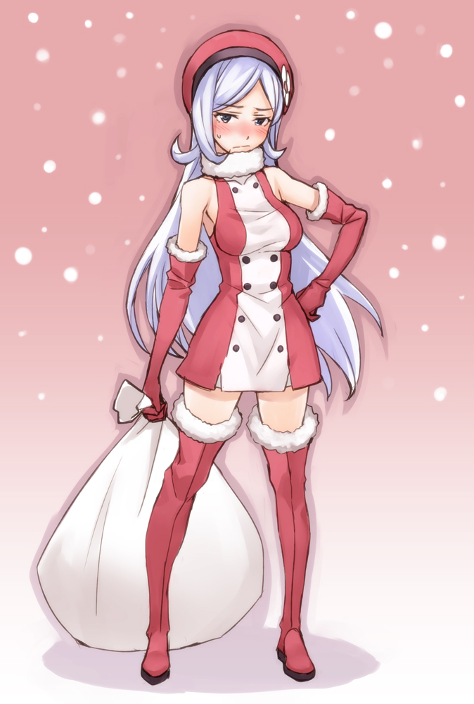 adapted_costume aila_jyrkiainen bad_id bad_pixiv_id blue_eyes boots breasts elbow_gloves fur_trim gloves gundam gundam_build_fighters hand_on_hip hat long_hair looking_at_viewer matsuryuu medium_breasts sack silver_hair solo thigh_boots thighhighs white_gloves zettai_ryouiki