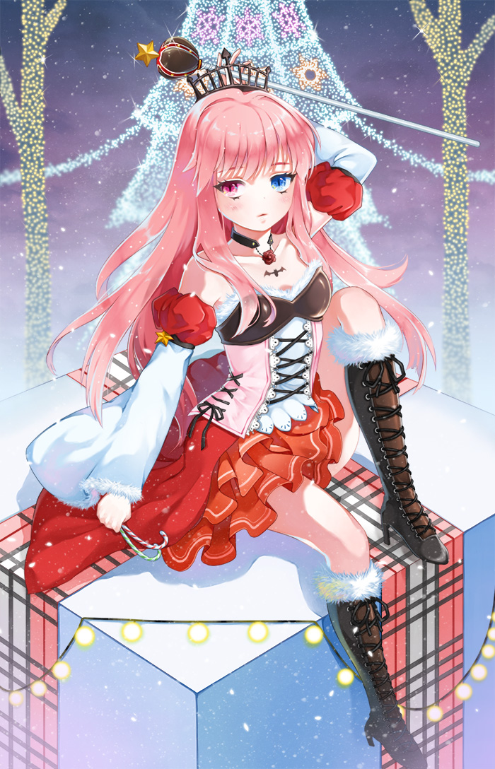 blue_eyes blush boots box candy candy_cane christmas christmas_lights christmas_tree corset crown detached_sleeves flower food frilled_skirt frills fur_trim gift gift_box heterochromia high_heels jewelry knee_boots leecheie lights long_hair looking_at_viewer necklace night night_sky on_box pink_hair red_eyes rose scepter sitting sitting_on_box sitting_on_object skirt sky solo star_(sky) starry_sky sword_girls vinho_flina