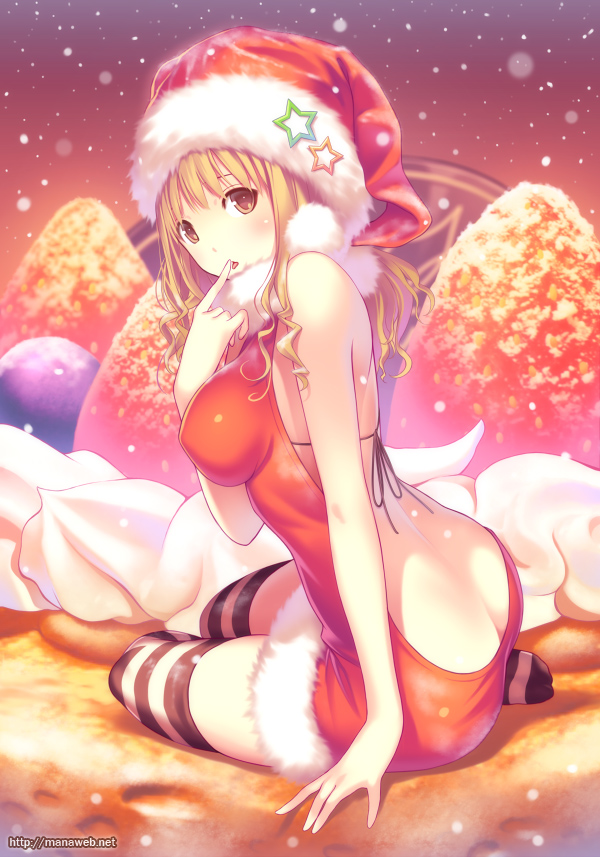 ass backless_outfit banned_artist bare_arms bare_shoulders blonde_hair breasts butt_crack dress finger_licking finger_to_mouth food fruit hat large_breasts licking looking_at_viewer mana_kakkowarai minigirl original red_dress santa_costume sitting solo strawberry striped striped_legwear thighhighs whipped_cream yellow_eyes zettai_ryouiki