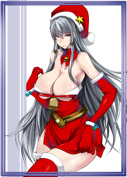 armpits bad_id bad_pixiv_id bell belt bracelet breasts cleavage detached_collar detached_sleeves frame gengoroh hat jewelry large_breasts long_hair santa_costume santa_hat selvaria_bles senjou_no_valkyria silver_hair solo star thighhighs zettai_ryouiki