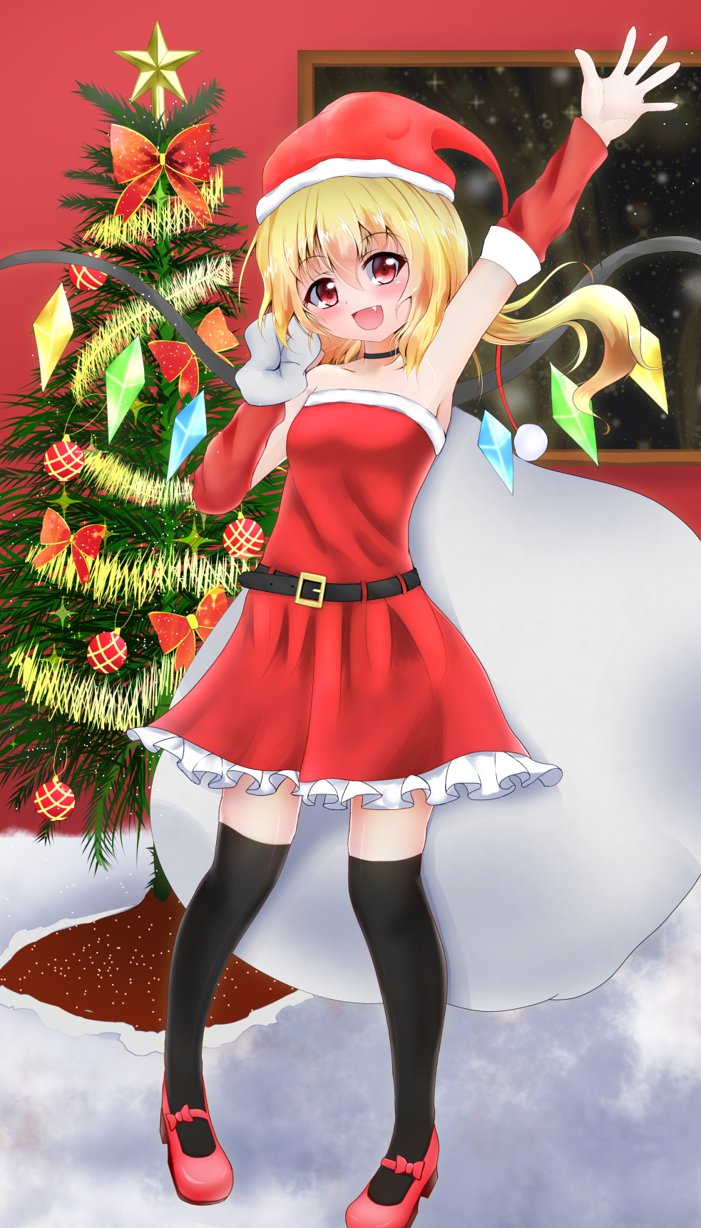 alternate_costume arm_up arm_warmers armpits bag bare_shoulders belt black_legwear blonde_hair bow choker christmas christmas_ornaments christmas_tree fang flandre_scarlet hat head_tilt highres indoors looking_at_viewer mary_janes open_hand open_mouth over-kneehighs pigeon-toed red_eyes santa_costume santa_hat shoes short_hair side_ponytail solo thighhighs tinsel touhou window wings ymd_(holudoun) zettai_ryouiki