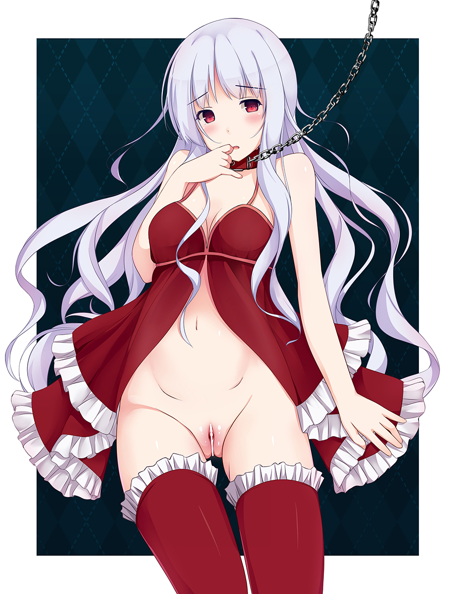 1girl babydoll bdsm blush bondage bound breasts censored chains christmas clitoris collar female leash long_hair looking_at_viewer navel original pussy red_eyes shuuichi silver_hair solo standing thighhighs