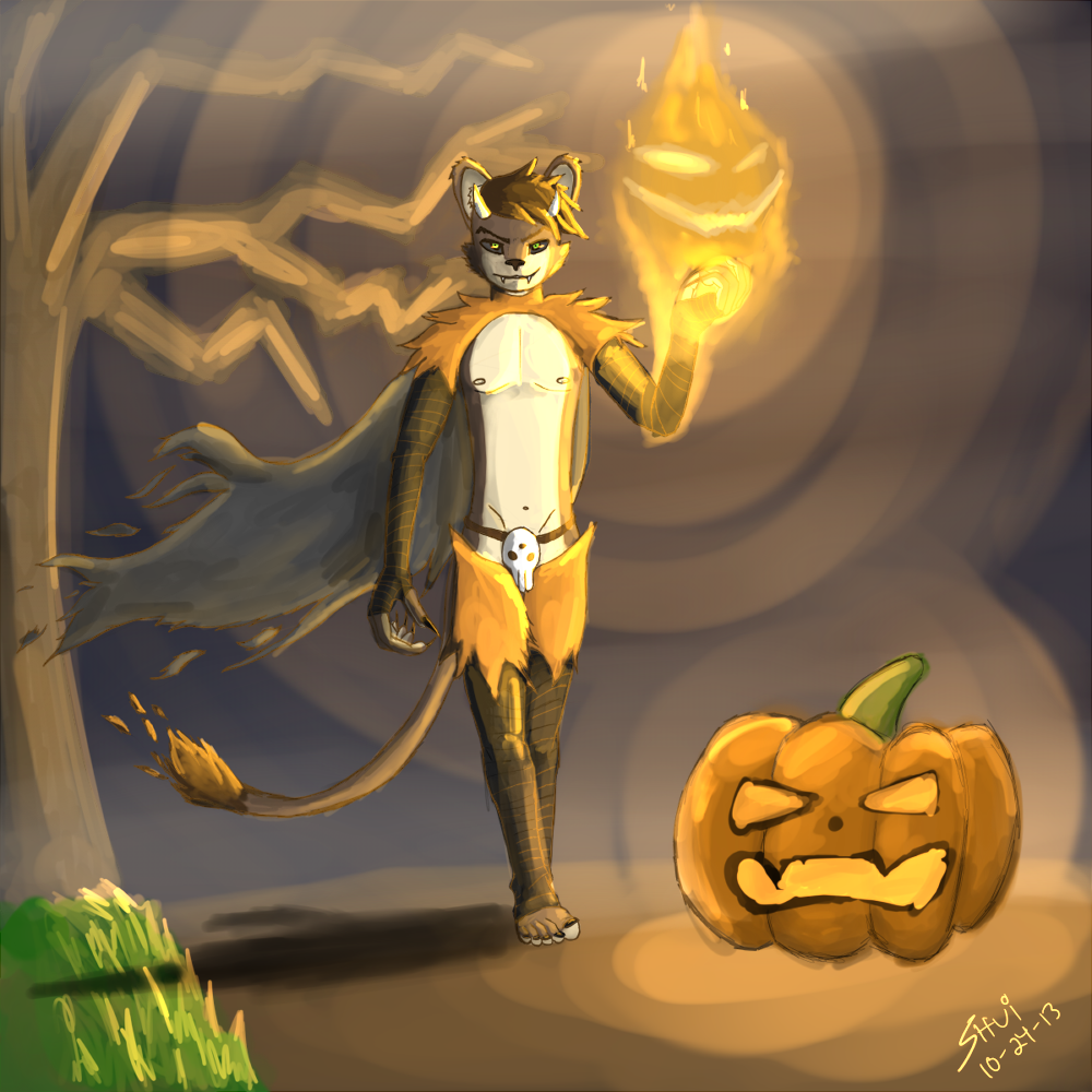 barefoot black_eyes brown_fur cape costume dark fangs feline fire fur grass green_eyes halloween holidays horn human_feet jack_o'_lantern jack_o'_lantern lion mammal mist plantigrade pumpkin shui shuigetsu sky smile tan_fur toes tree