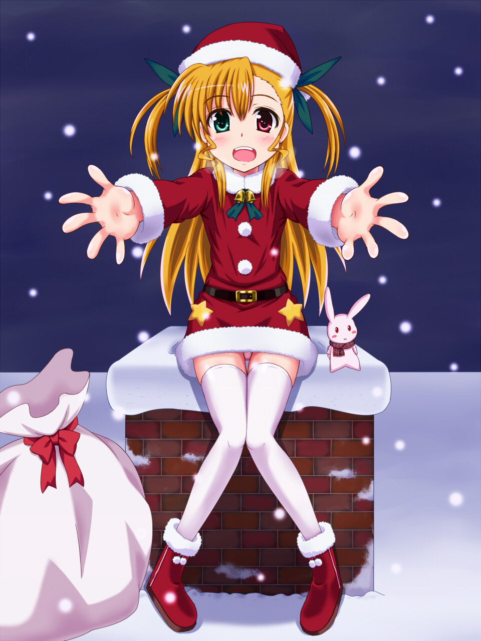 bell blonde_hair blush_stickers buckle chimney christmas foreshortening green_eyes hair_ribbon hat heterochromia highres long_hair lyrical_nanoha mahou_shoujo_lyrical_nanoha_vivid open_mouth outstretched_arms panties pink_panties red_eyes ribbon sack sacred_heart santa_costume santa_hat scarf sitting snow solo star teeth thighhighs two_side_up underwear vivio white_legwear yosuzu