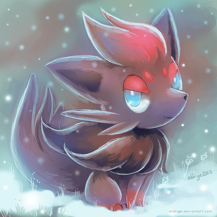 big big_ears black_fur black_nose blue_eyes canine cute eldrige feral fur glowing grey_fur half-closed_eyes happy long_ears looking_away mammal nintendo nude outside pok&#233;mon pok&eacute;mon red_fur sitting sky smile snow solo video_games zorua