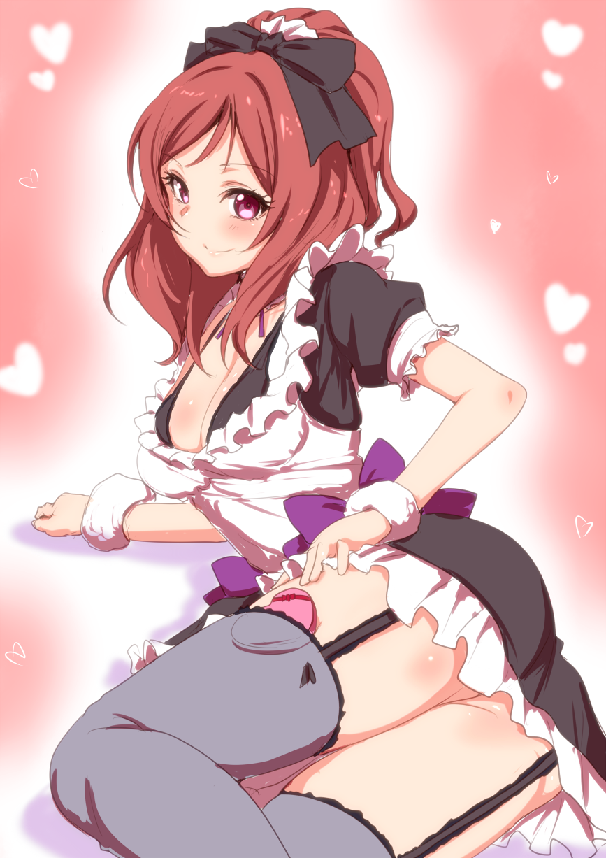 apron blush clearite garter_straps highres looking_at_viewer love_live! love_live!_school_idol_project lying maid maid_headdress mogyutto_"love"_de_sekkin_chuu! nishikino_maki on_side purple_eyes red_hair short_hair smile solo thighhighs