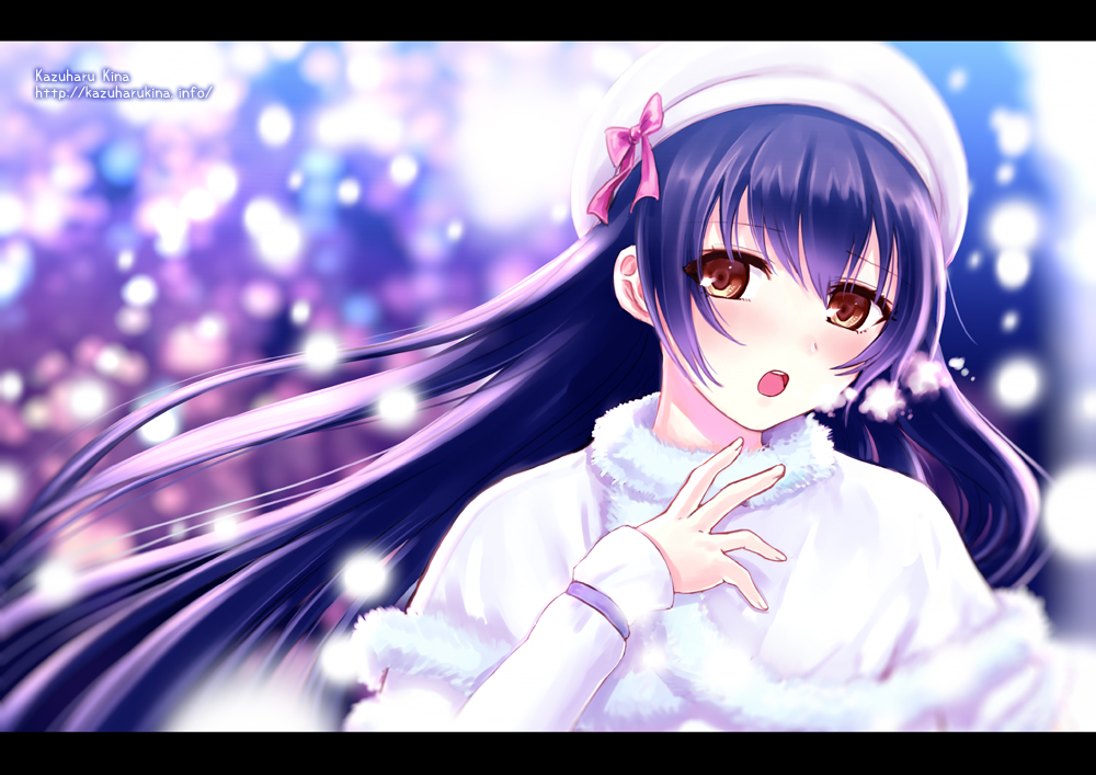 blue_hair blush brown_eyes capelet dress hand_on_own_chest hat kazuharu_kina long_hair love_live! love_live!_school_idol_project open_mouth snow_halation solo sonoda_umi