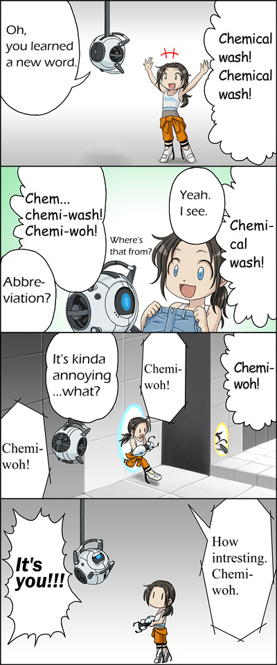 4koma aperture_science_handheld_portal_device chell comic denim hard_translated jeans long_fall_boots pants personality_core portal portal_(series) portal_2 translated uotapo wheatley younger