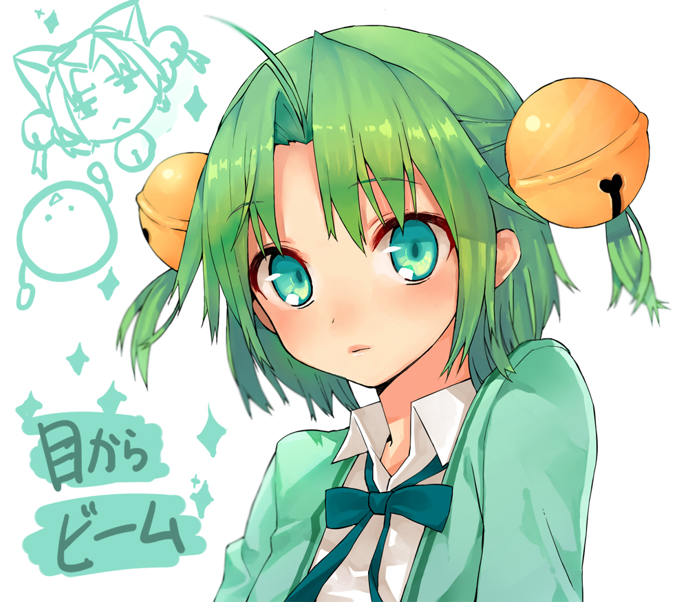 aqua_eyes bell blouse bow dejiko di_gi_charat expressionless gema green_hair hair_ornament half_updo short_hair short_twintails solo tokijim translation_request twintails white_background