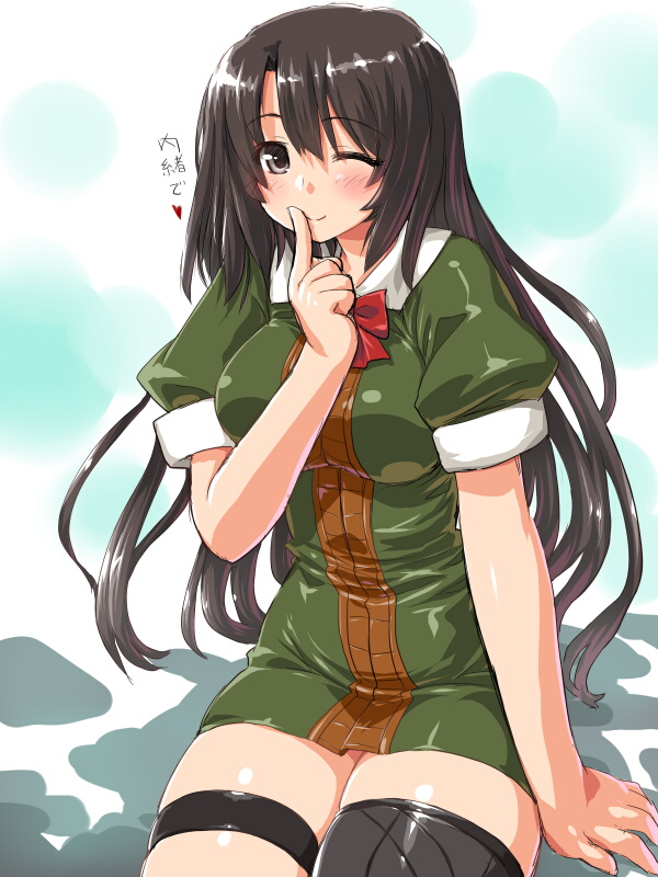 ;) black_hair bow chikuma_(kantai_collection) dd_(ijigendd) finger_to_mouth green_skirt grey_eyes heart kantai_collection long_hair one_eye_closed skirt smile solo translated