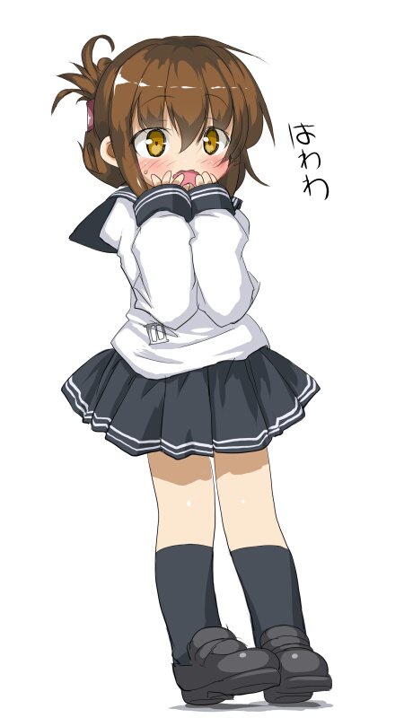 blush brown_hair dd_(ijigendd) folded_ponytail inazuma_(kantai_collection) kantai_collection loafers long_hair open_mouth school_uniform serafuku shoes skirt sleeves_past_wrists solo yellow_eyes