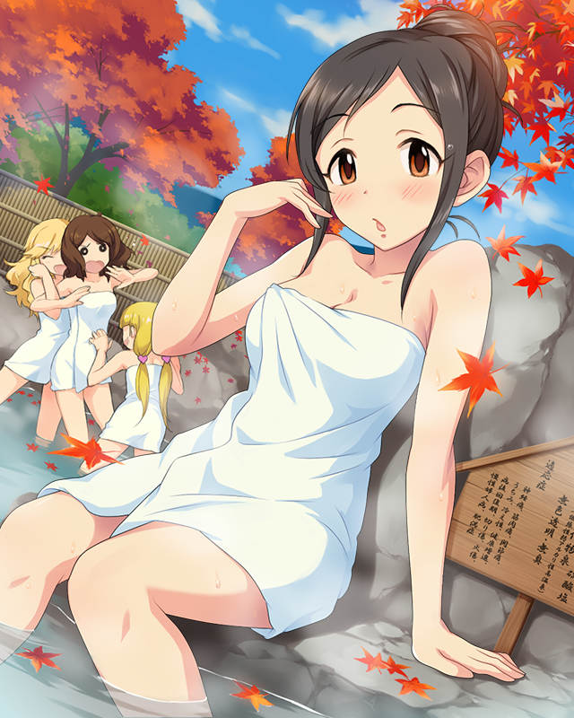 arm_up artist_request black_hair blonde_hair blush border breasts brown_hair cleavage closed_eyes day fence hair_up idolmaster idolmaster_cinderella_girls large_breasts leaf locked_arms long_hair mary_cochran momoi_azuki multiple_girls nagatomi_hasumi naked_towel official_art onsen ootsuki_yui open_mouth outdoors partially_submerged reaching rock sign sitting sky smile standing steam towel tree twintails white_towel you_gonna_get_raped