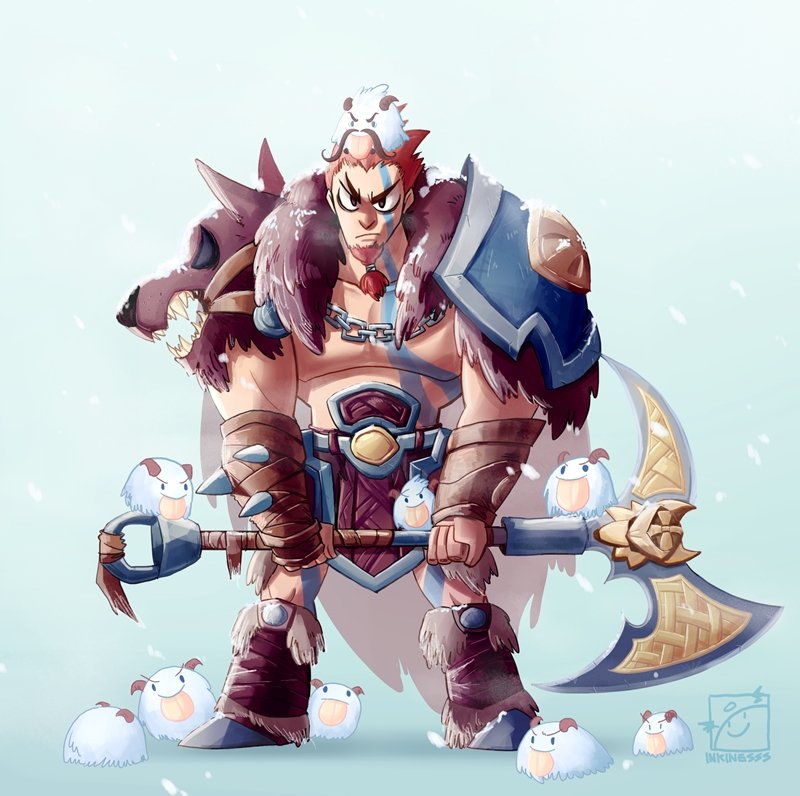 alternate_costume axe brown_hair chain darius_(league_of_legends) draven facial_hair facial_mark goatee inkinesss league_of_legends male_focus poro_(league_of_legends) snow solo tongue tongue_out weapon