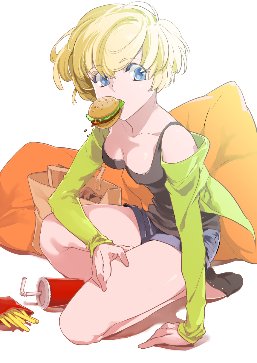 blonde_hair blue_eyes camisole collarbone drink food food_in_mouth french_fries hamburger highres off_shoulder original pillow short_hair shorts silversnow solo