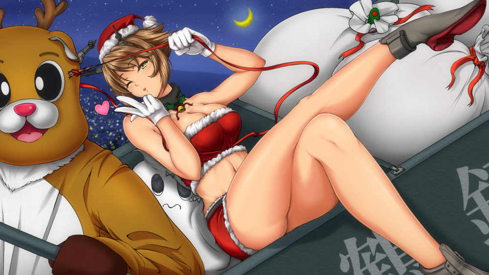 animal_costume blown_kiss bol_(liliymimi) breasts brown_hair cleavage crescent_moon crossed_legs gloves hat headgear heart kantai_collection large_breasts midriff miniskirt moon mutsu_(kantai_collection) one_eye_closed reindeer_costume sack santa_costume santa_hat short_hair sitting skirt solo white_gloves yellow_eyes