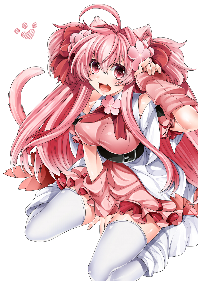 ahoge animal_ears arm_warmers bad_id bad_pixiv_id blush breasts cat_ears cat_tail comomo_(tk) large_breasts long_hair open_mouth original paw_print pink_hair red_eyes simple_background skirt smile solo tail takatsuki_ichi thighhighs white_legwear