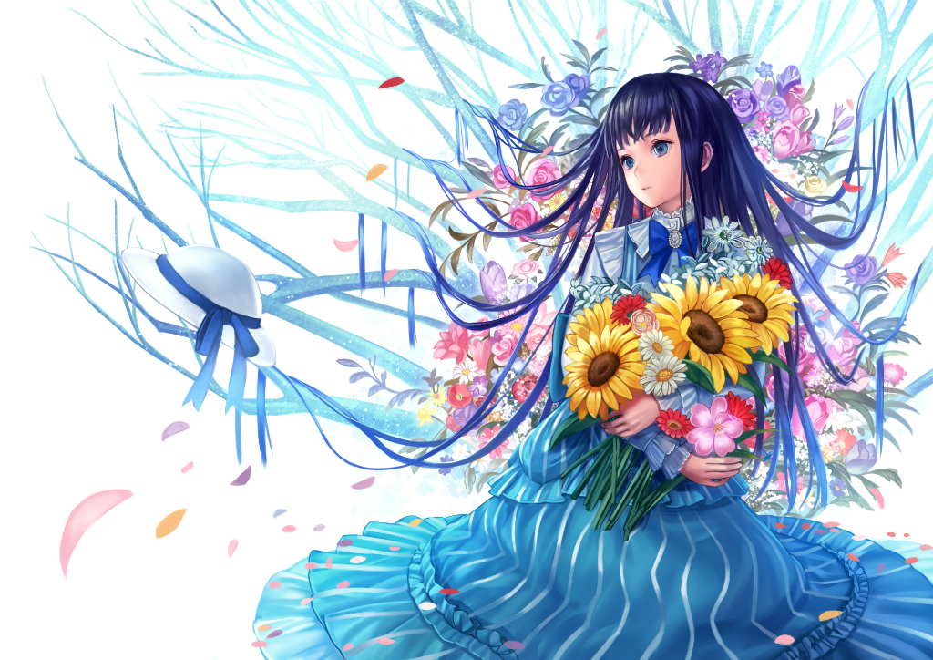 bad_id bad_pixiv_id bangs black_eyes blunt_bangs bouquet bow branch daisy dress flower hat hat_removed headwear_removed holding long_hair original petals purple_hair siro solo striped sunflower vertical_stripes very_long_hair