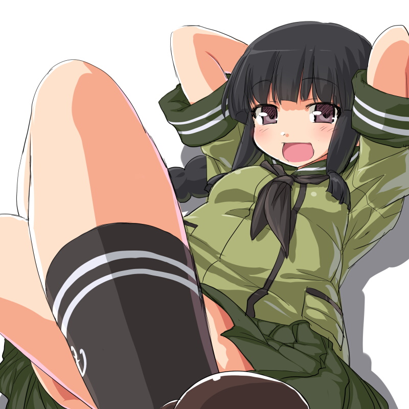 arms_behind_head black_hair braid crossed_legs dd_(ijigendd) kantai_collection kitakami_(kantai_collection) long_hair looking_at_viewer neckerchief open_mouth purple_eyes sidelocks single_braid sitting skirt smile solo