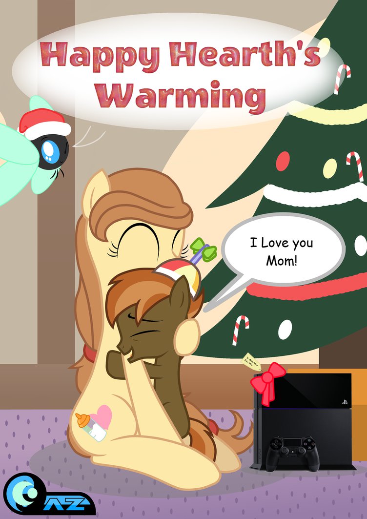 button's_mom button's_mom button_mash_(mlp) christmas christmas_tree controller cutie_mark english_text equine eyes_closed friendship_is_magic hat hearth's_warming_eve hearth's_warming_eve holidays horse hug mammal my_little_pony one_eye_closed parasprite_(mlp) playstation_4 pony ps4 sitting text tree wink young