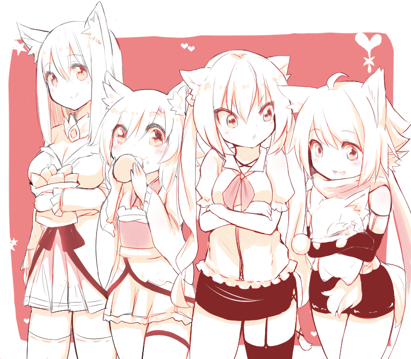 animal animal_ear_fluff animal_ears bad_id bad_pixiv_id bare_shoulders black_legwear breast_hold breasts cat_ears cat_tail choker crossed_arms eating elbow_gloves food fox_ears fox_tail frilled_sleeves frills futaba_akane futaba_aoi garter_straps gloves heart holding lineup long_hair looking_at_another looking_at_viewer medium_breasts monochrome multiple_girls naomi_(sekai_no_hate_no_kissaten) necktie neko_(naomi) nose_bubble open_mouth original pleated_skirt puffy_sleeves red red_background scarf short_hair sidelocks single_thighhigh skirt sleeping smile star tail thighhighs white_legwear wide_sleeves yellow_eyes