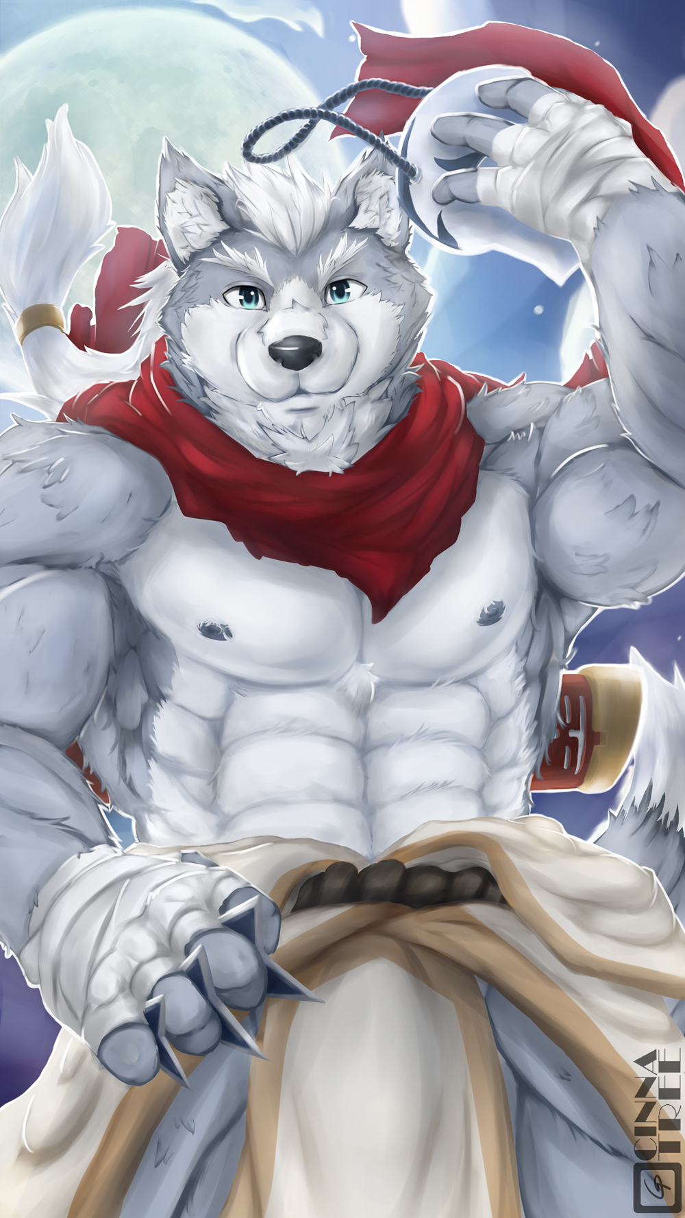 anthro bandage belt biceps big_muscles black_nose blue_eyes canine cinna-tree cinnatree clothing eyebrows flexing front fur grey_fur grey_nipples grin hair looking_at_viewer male mammal moon muscles nipples pecs pose robe scarf smile solo standing throwing_star toned topless weapon white_fur white_hair wolf