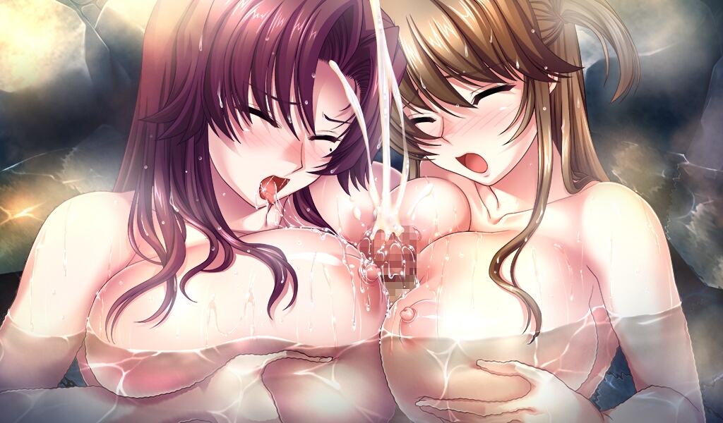 2girls areolae atelier_kaguya blush breast_press breast_squeeze breasts brown_hair censored collarbone cum double_paizuri ejaculation eyes_closed gigantic_breasts huge_breasts long_hair mole multiple_girls multiple_paizuri nipples open_mouth paizuri penis saliva shiny shiny_skin tongue tongue_out wet