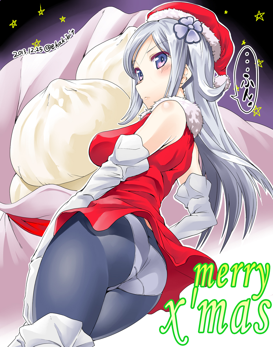 adapted_costume aila_jyrkiainen ass baozi bare_shoulders blush boots dated ekakibito elbow_gloves food from_behind fur_trim gloves gundam gundam_build_fighters hat highres long_hair looking_back merry_christmas panties panties_over_pantyhose pantyhose purple_eyes santa_costume santa_hat silver_hair solo star thigh_boots thighhighs underwear