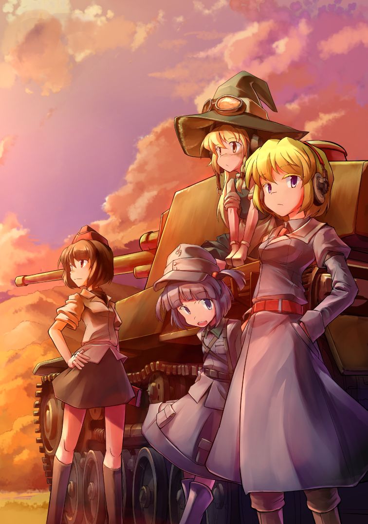 alice_margatroid belt black_hair blonde_hair blue_eyes blue_hair cloud cloudy_sky dress fat_(artist) garrison_cap goggles goggles_on_head hand_in_pocket hand_on_hip hat headset kawashiro_nitori kirisame_marisa long_hair military multiple_girls shameimaru_aya short_hair short_twintails skirt sky sunset touhou twintails two_side_up type_4_chi-to witch_hat