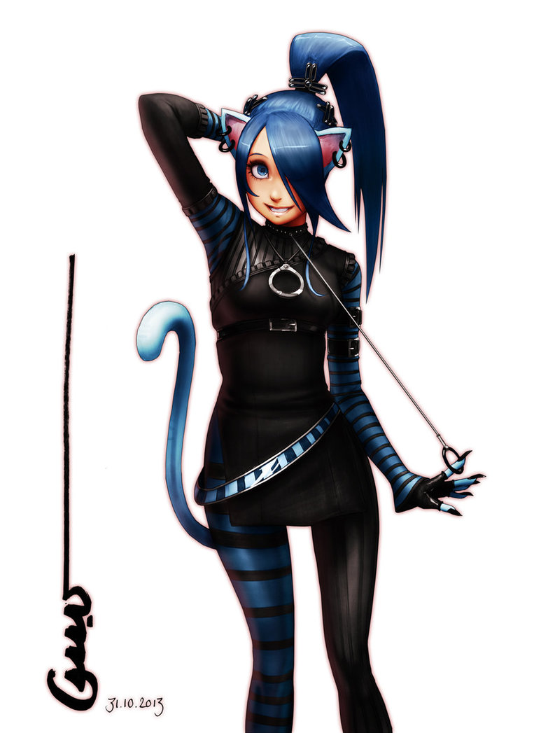 animal_ears asymmetrical_clothes bangs belt blue_eyes blue_hair cat_ears cat_tail claws collar dated deviantart_sample earrings felicia fingerless_gloves gloves hair_ornament hair_over_one_eye image_sample jewelry leash leash_pull mismatched_legwear necklace omar_dogan pantyhose ponytail signature smile solo striped striped_legwear tail vampire_(game)