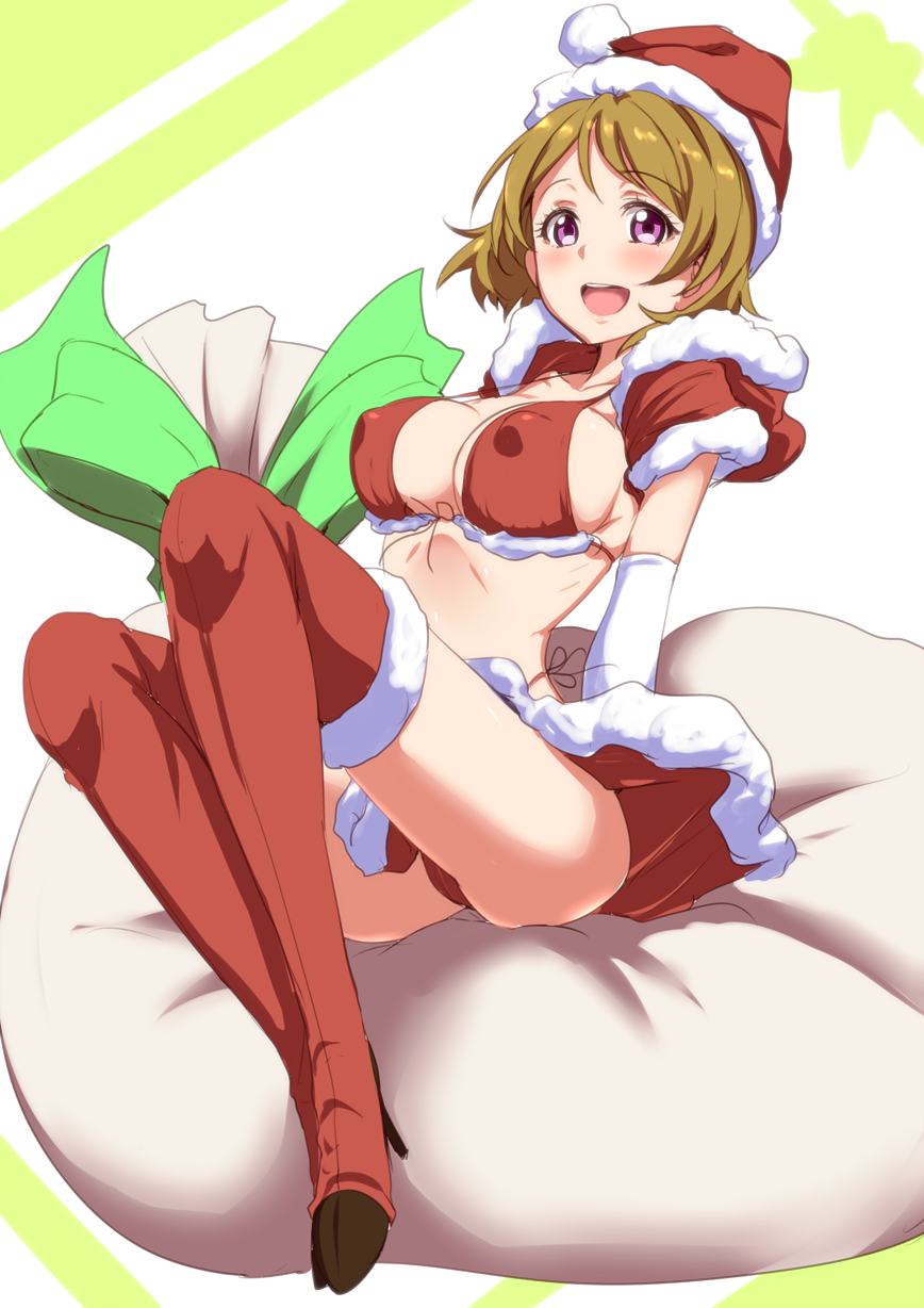 :d bikini blush boots breasts brown_hair christmas clearite covered_nipples front-tie_top fur-trimmed_bikini fur_trim hat highres koizumi_hanayo looking_at_viewer love_live! love_live!_school_idol_project medium_breasts open_mouth purple_eyes santa_costume santa_hat short_hair sitting skirt smile solo strap_gap swimsuit thigh_boots thighhighs
