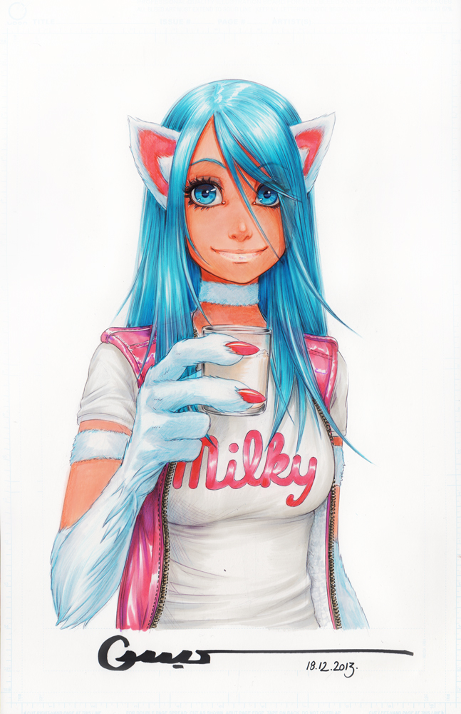 animal_ears bangs blue_eyes blue_hair cat_ears choker claws cup dated felicia lips long_hair marker_(medium) omar_dogan shirt signature simple_background solo t-shirt traditional_media vampire_(game) vest