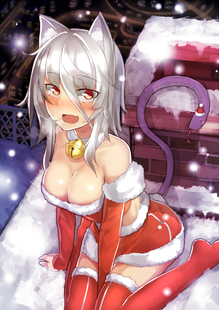 :d animal_ears arm_support bell blush breasts breath cat_ears chimney christmas cleavage detached_sleeves fang fur_trim hair_between_eyes hat hitoshi large_breasts leaning_forward midriff miniskirt open_mouth original red_eyes red_legwear santa_hat silver_hair sitting skirt smile snake_tail snow snowing solo tail thighhighs wariza