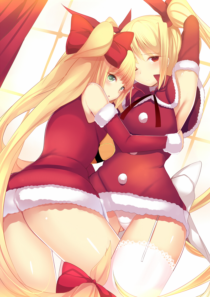 :o armpits bare_shoulders bell blazblue blonde_hair blush bow christmas daiaru elbow_gloves garter_straps gloves green_eyes hair_bow heart heart-shaped_pupils leg_between_thighs long_hair low-tied_long_hair multiple_girls panties platinum_the_trinity rachel_alucard red_bow red_eyes ribbon santa_costume symbol-shaped_pupils thighhighs twintails underwear white_legwear