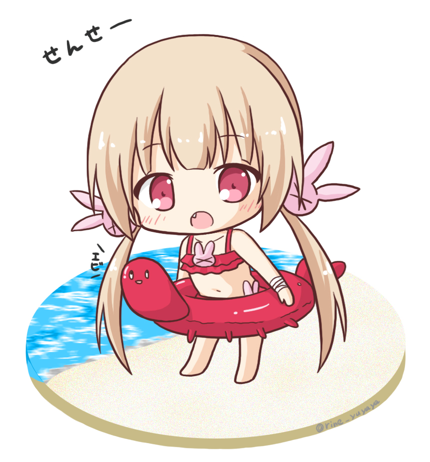 &gt;_&lt; 1girl :o bandage bandaged_arm bandages bare_shoulders barefoot beach bikini blush bunny_hair_ornament chibi collarbone fang full_body hair_ornament innertube light_brown_hair long_hair looking_at_viewer low_twintails natori_sana navel open_mouth red_bikini red_eyes red_innertube rinechun sana_channel sand solo standing swimsuit translation_request twintails very_long_hair virtual_youtuber water white_background