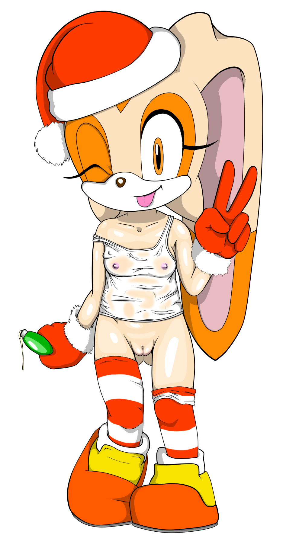 alpha_channel anthro bottomless breasts christmas cream_the_rabbit cub erect_nipples female hat holidays jetfrozen lagomorph long_ears looking_at_viewer mammal nipples one_eye_closed pussy rabbit santa_hat sega small_breasts smile solo sonic_(series) tongue young