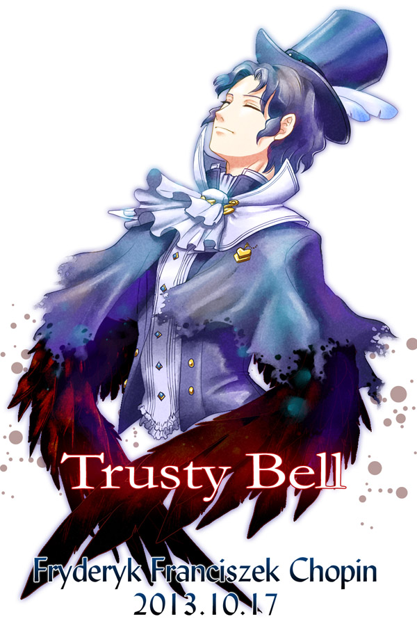 2013 black_hair capelet character_name closed_eyes copyright_name cravat dated feathers frederic_chopin hat hige_(yosemite) male_focus smile solo top_hat trusty_bell wings