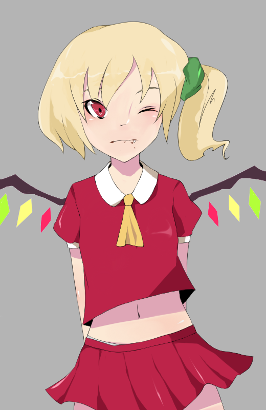 373 adapted_costume arms_behind_back fang flandre_scarlet midriff navel one_eye_closed school_uniform serafuku solo touhou