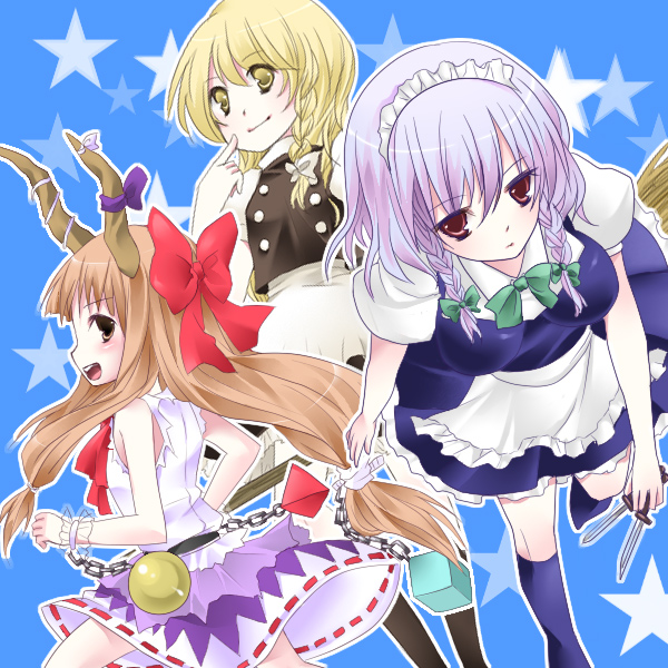 :d bangs banned_artist bare_arms bare_shoulders blonde_hair bow bowtie braid brown_eyes chain double-breasted expressionless eyebrows_visible_through_hair green_bow green_neckwear horns ibuki_suika izayoi_sakuya kirisame_marisa knife light_brown_hair long_hair looking_to_the_side low-tied_long_hair maid maid_headdress multiple_girls open_mouth outline purple_hair ribbon-trimmed_skirt ribbon_trim sidelocks single_braid smile star starry_background tepengu touhou twin_braids white_outline yellow_eyes