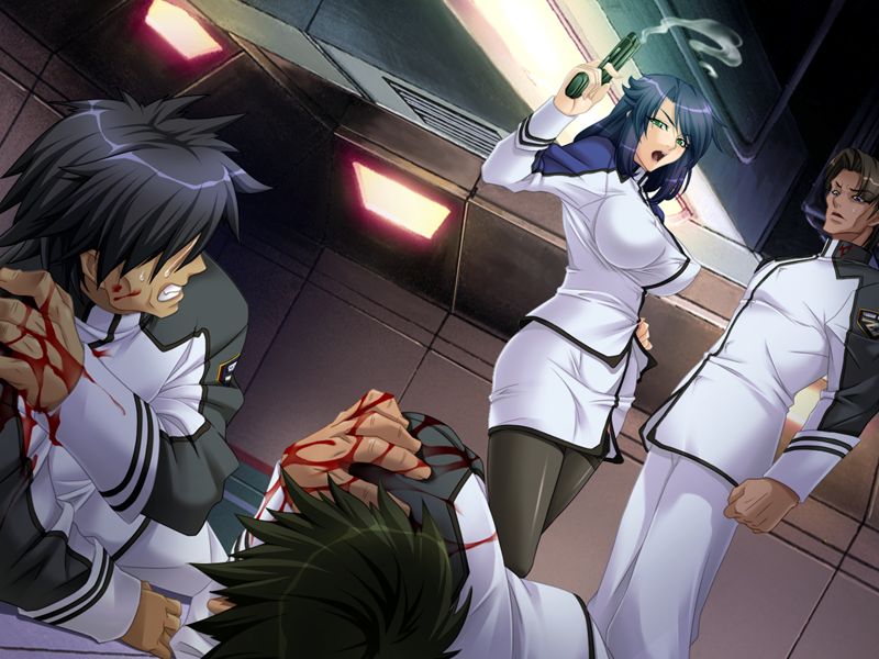 3boys :o angry bangs black_hair black_legwear blood blood_on_face bloody_clothes bloody_hands breasts brown_hair ceiling clenched_hand clenched_teeth covered_nipples donny_bogan dutch_angle faceless faceless_male flipped_hair game_cg green_eyes gun hand_on_hip hand_on_own_shoulder handgun indoors injury kagami_hirotaka kangoku_senkan large_breasts lieri_bishop lights long_hair long_sleeves looking_at_viewer lying military military_uniform miniskirt multiple_boys on_floor on_side open_mouth pants pantyhose pencil_skirt scared shiny shiny_hair shirt short_hair shouting side_slit skirt sleeve_cuffs smoke spiked_hair standing sweat taut_clothes taut_shirt teeth thighhighs turtleneck uniform universal_federation_army_uniform v-shaped_eyebrows weapon