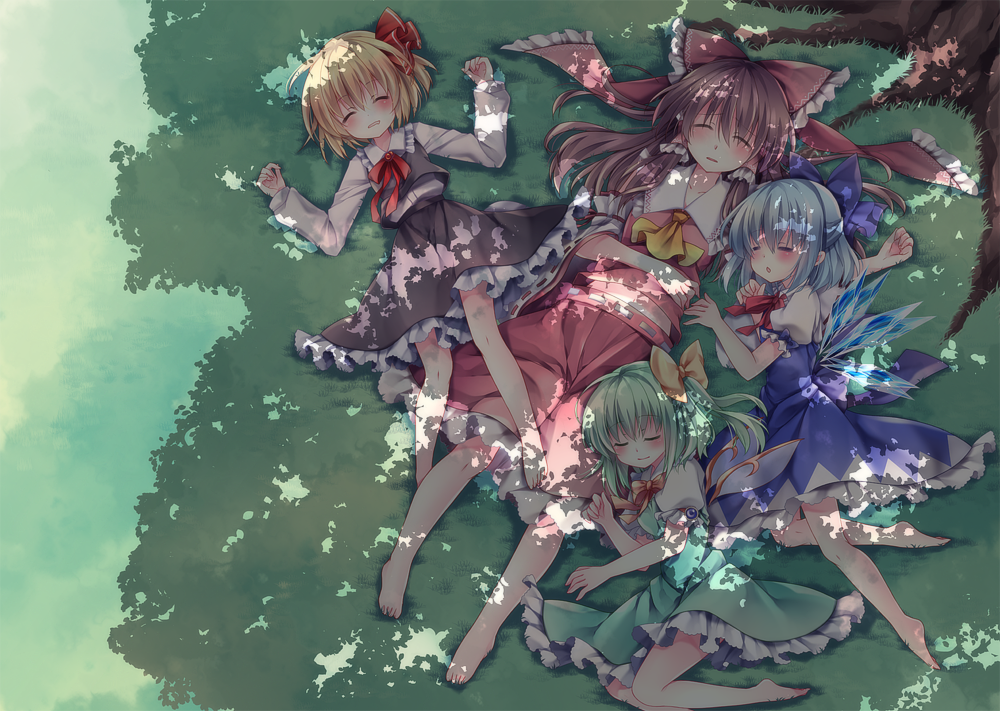 ascot bad_id bad_pixiv_id barefoot blonde_hair blue_hair blush bow brown_hair cirno closed_eyes daiyousei dappled_sunlight dress green_hair hair_bow hair_tubes hakurei_reimu long_hair lying mikazuki_sara multiple_girls on_back rumia shade short_hair side_ponytail skirt skirt_set sleeping sunlight touhou wings