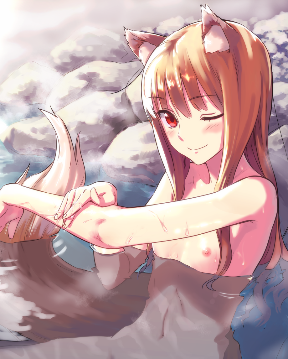 ;) animal_ears bad_id bad_twitter_id bath blush breasts brown_hair holo kawakami_rokkaku long_hair looking_at_viewer navel nipples nude one_eye_closed onsen partially_submerged red_eyes shiny shiny_hair small_breasts smile solo spice_and_wolf tail washing wet wolf_ears wolf_girl wolf_tail