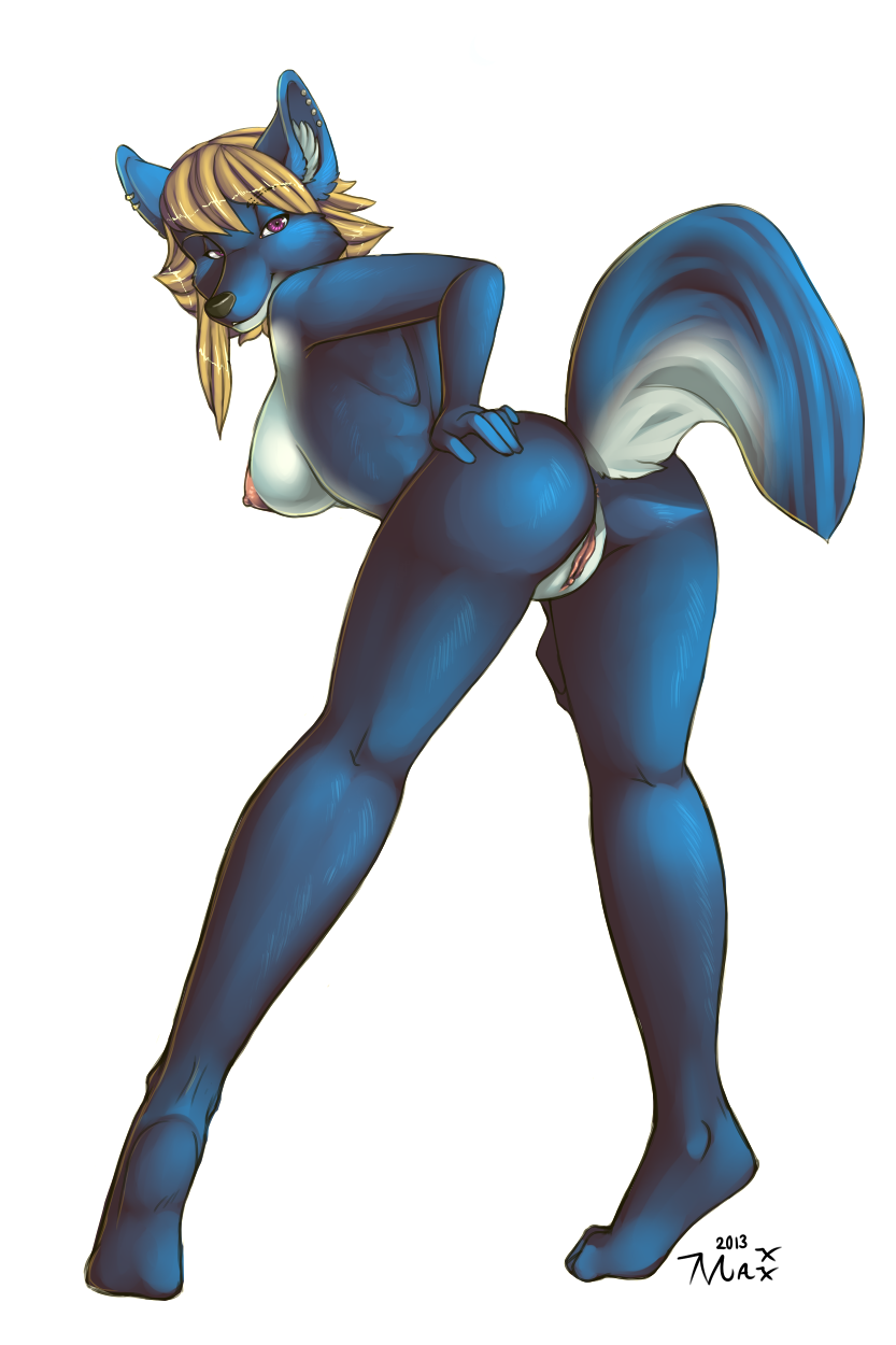 bent_over blue_fur breasts butt canine female fur looking_at_viewer looking_back mammal maxxmissions nude plain_background presenting presenting_hindquarters pussy solo standing white_background wolf