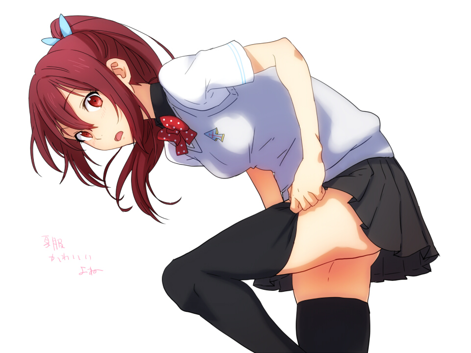 @@@ bad_id bad_pixiv_id black_legwear blush bow free! hair_bow looking_at_viewer matsuoka_gou open_mouth ponytail red_eyes red_hair school_uniform skirt solo sweater_vest thighhighs white_background