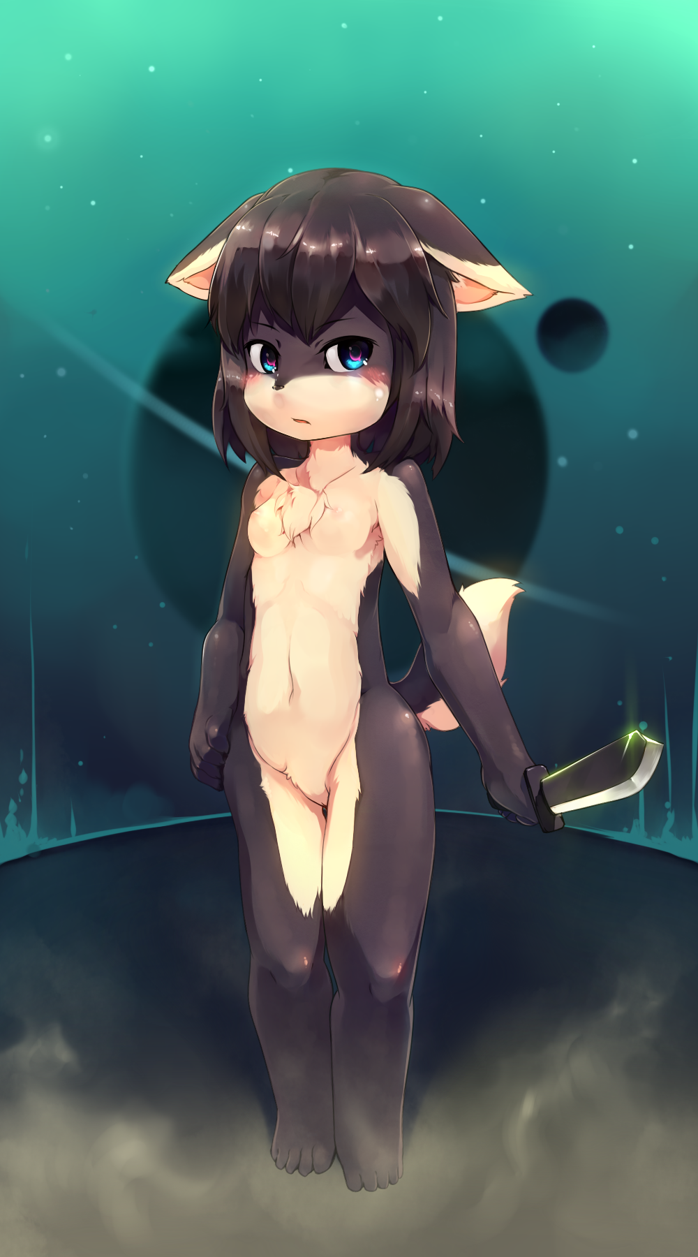 black_fur black_hair black_nose blush breasts canine chest_tuft chilon female fur hair knife looking_at_viewer mammal nude open_mouth short_hair small_breasts solo standing tuft weapon white_fur young