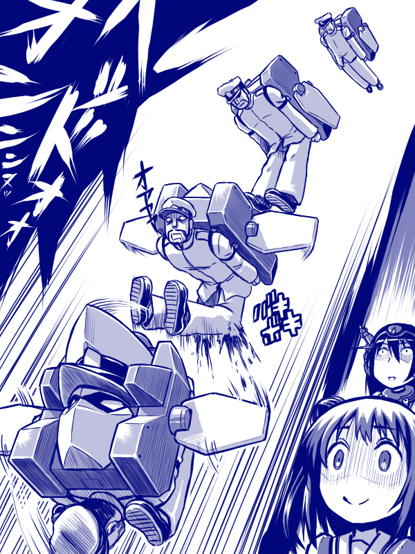 2girls admiral_(kantai_collection) blood broken_legs comic double_bun kaneko_tsukasa kantai_collection long_hair mecha monochrome multiple_girls nagato_(kantai_collection) naka_(kantai_collection) parody smile transformation transformers translation_request