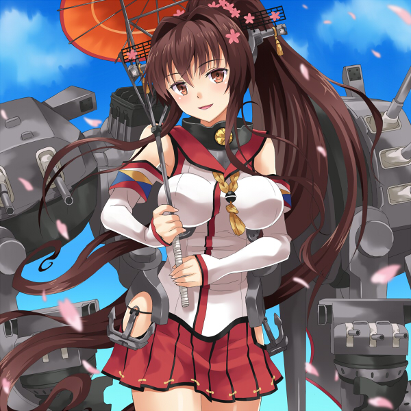 antennae bare_shoulders blue_sky breasts brown_eyes brown_hair cannon cloud day detached_sleeves flower hair_flower hair_ornament kantai_collection large_breasts long_hair looking_at_viewer machinery miniskirt oriental_umbrella petals ponytail rasahan shirt skirt sky smile solo umbrella very_long_hair yamato_(kantai_collection)